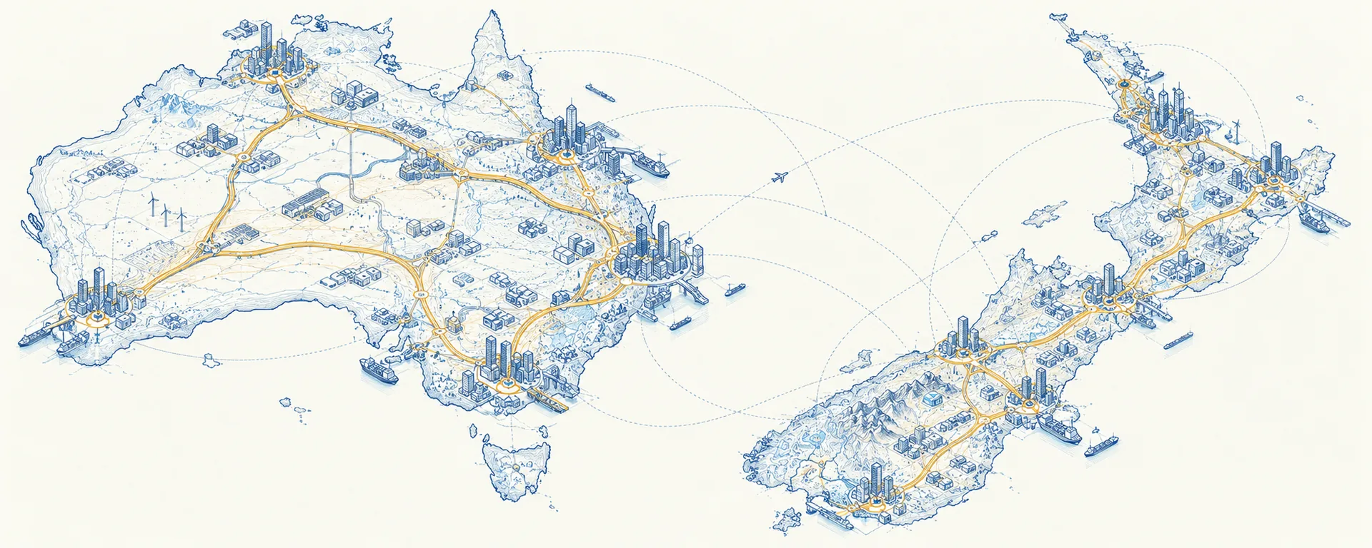 An isometric blueprint of Australia and New Zealand drawn as two connected networks. Cities stand as clusters of towers on each landmass, joined by gold routes, and dashed arcs cross the Tasman between the two countries.